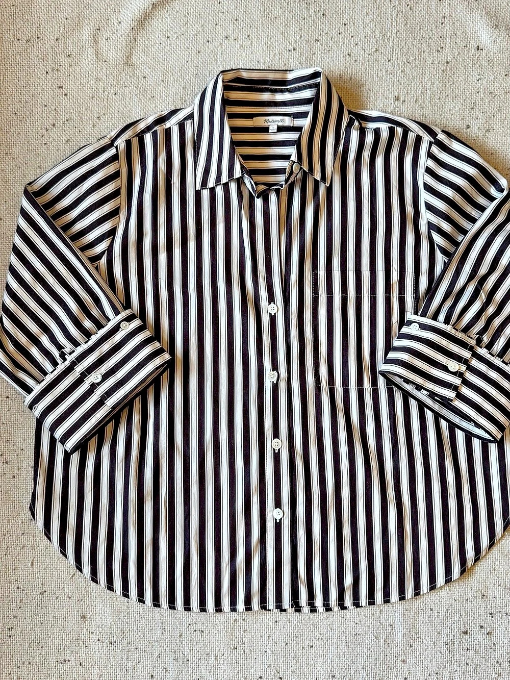 Madewell Women’s L Striped Cotton Button Down Shirt Brown Cream BWN713 Fall 2025